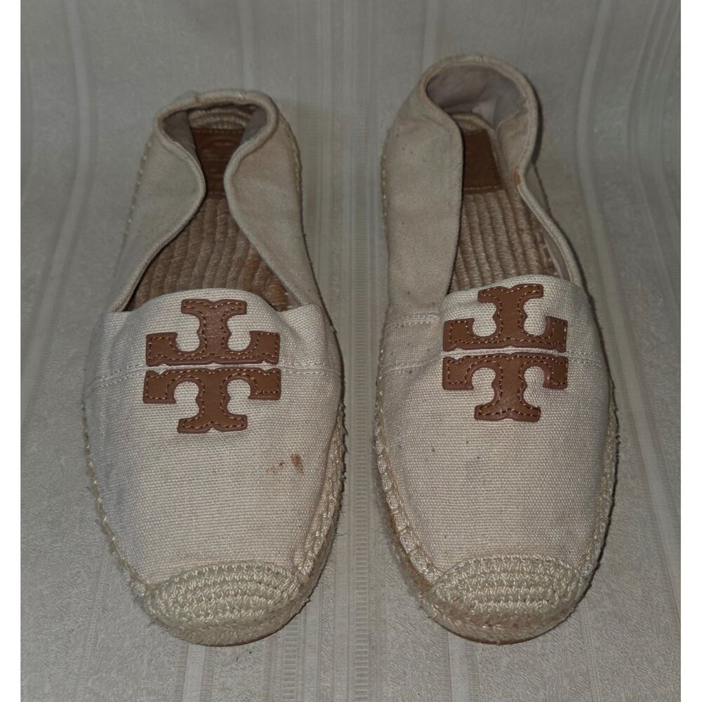 Tory Burch Canvas with  Leather Logo Espadrille Flats Shoes Women Size US 9